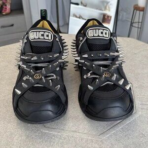 GUCCI Size 10 Black Flashtrek Spikes Canvas Leather Trim Sneakers